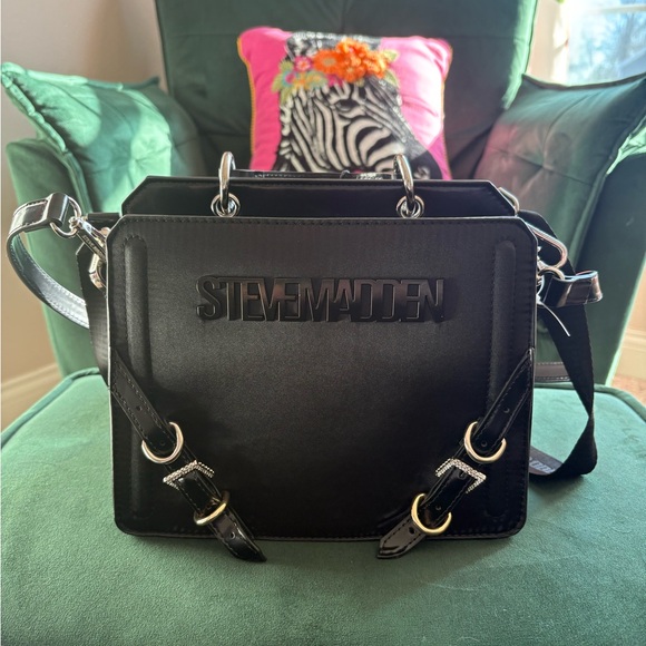 Steve Madden Black Bevelyn Satchel Bag with Buckle Accents - Picture 1 of 15